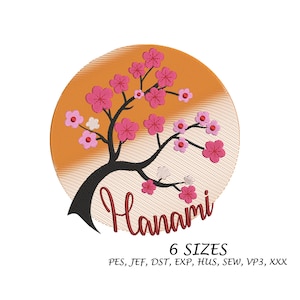 May include: An embroidery design of a pink cherry blossom tree with the word "Hanami" written below. The design is in a circle with an orange and white gradient background. The text "6 SIZES" and "PES, JEF, DST, EXP, HUS, SEW, VP3, XXX" is below the design.