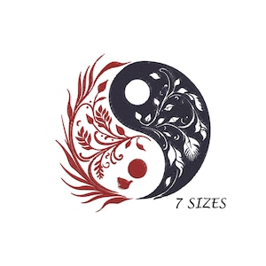May include: Black and white yin yang symbol with red and white floral designs. The symbol is surrounded by the text "7 SIZES".