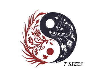 Diseño de bordado Yin Yang con elementos florales, diseño de bordado a máquina, archivo digital de 6 tamaños, descarga instantánea, diseño de bordado asiático