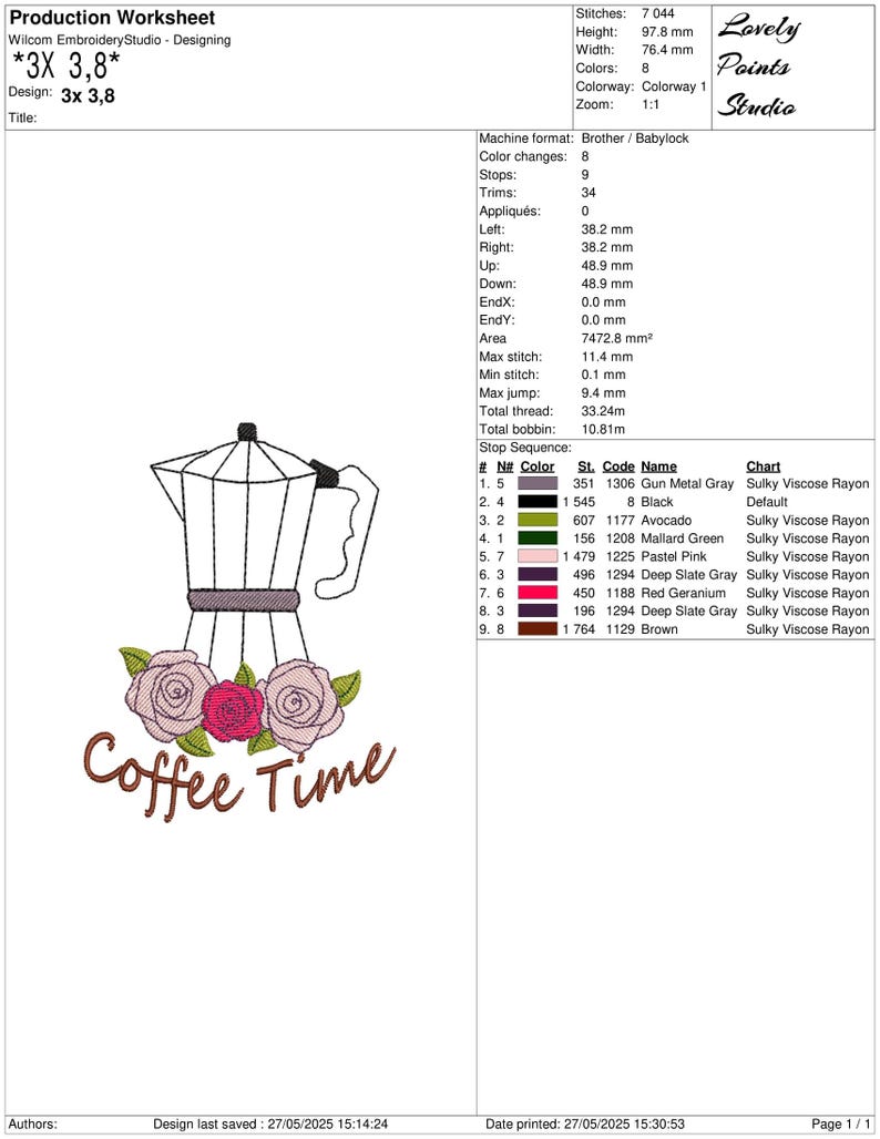 May include: An embroidery design featuring a coffee pot with a floral arrangement and the words "Coffee Time." The design includes a coffee pot, pink and red roses, and green leaves. The design is 3 inches by 3.8 inches.