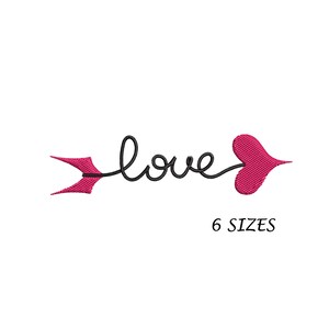 May include: Black and white embroidery design of an arrow with the word "love" written on it. The arrow is made of a black thread and the heart is pink.