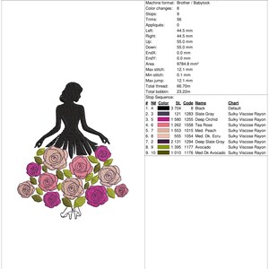 May include: An embroidery design featuring a silhouette of a woman in a dress adorned with roses in shades of pink and peach. The design is 3.5 x 4.3 inches and includes the text "Lovely Points Studio".