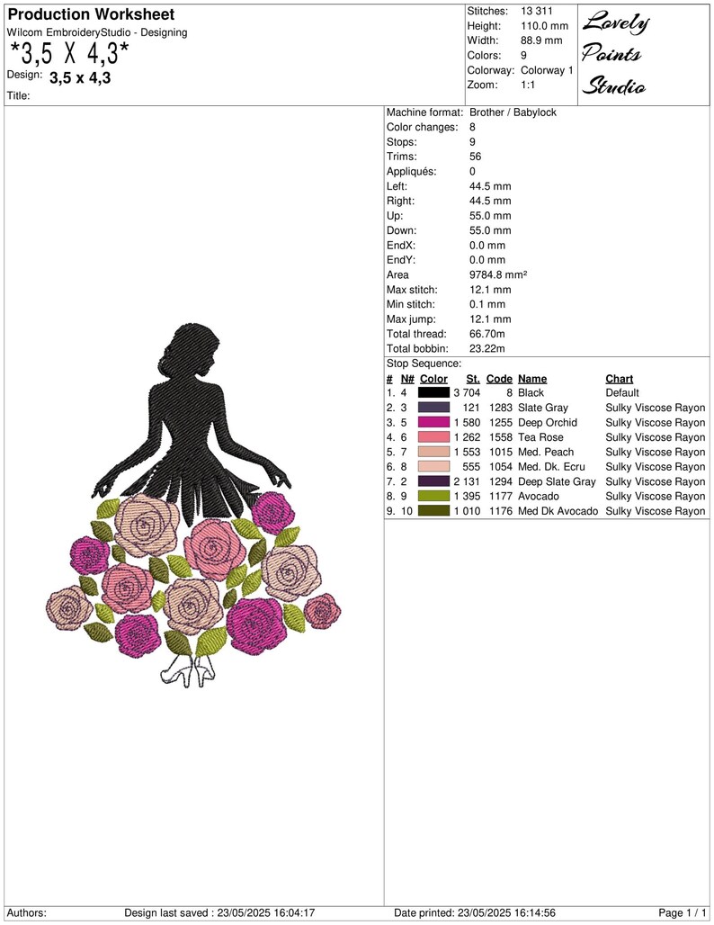 May include: An embroidery design featuring a silhouette of a woman in a dress adorned with roses in shades of pink and peach. The design is 3.5 x 4.3 inches and includes the text "Lovely Points Studio".