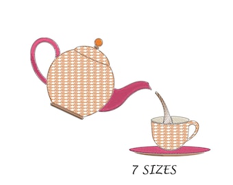 Teapot and Cup Embroidery Design: Tea Time Machine Embroidery (Digital Files, 7 Sizes)