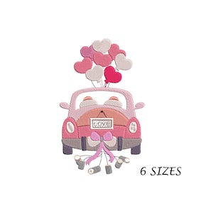 Hochzeit-Auto-Liebe-Stickerei-Design in 6 Größen für Stickmaschine, digitale Datei, sofortiger Download, Multi-Formate-Stickerei-Design,