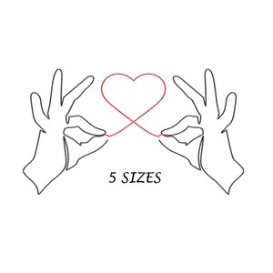 Op de afbeelding: Twee handen die een rode draad vasthouden die een hart vormt. De tekst "5 SIZES" staat onder het hart.