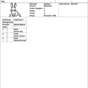 Pu&ograve; includere: Un disegno di ricamo digitale per un coniglietto carino con il titolo "Lapin 9 x 10.13". Il disegno misura 9 pollici per 10.13 pollici e utilizza 3 colori. Il disegno &egrave; per una macchina Brother/Babylock e richiede un cerchio da 230 x 300 mm.
