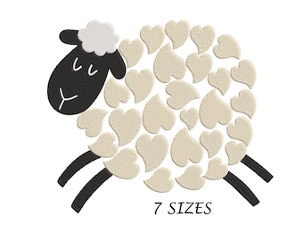 Sheep and Hearts Embroidery Design, Machine Embroidery Design, 7 Sizes Digital File, Instant Download, Multi Formats, Sheep Design For Bib