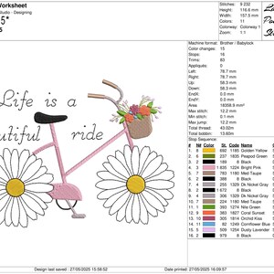 Op de afbeelding: Een borduurontwerp van een roze fiets met madeliefjeswielen en een bloemenmand. De tekst "Life is a beautiful ride" is inbegrepen. Afmetingen: 15,7 cm x 11,4 cm.