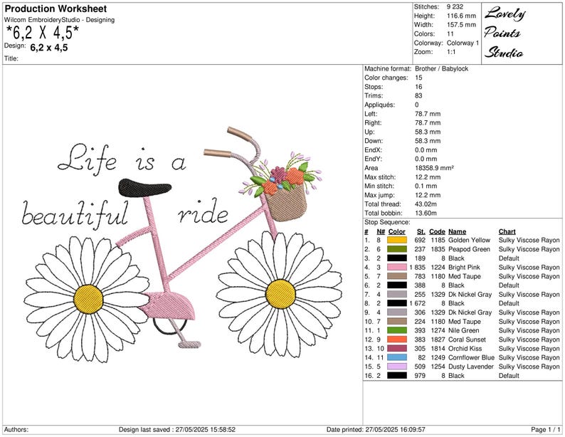 Op de afbeelding: Een borduurontwerp van een roze fiets met madeliefjeswielen en een bloemenmand. De tekst "Life is a beautiful ride" is inbegrepen. Afmetingen: 15,7 cm x 11,4 cm.