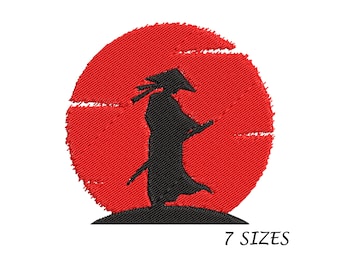 Diseño de bordado de silueta samurái: Luna Roja, arte japonés (archivo digital, 7 tamaños)