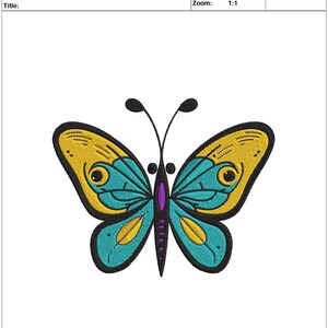 May include: A colorful butterfly embroidery design with yellow, teal, and purple accents. The design is 5.75 inches wide and 4.63 inches tall.
