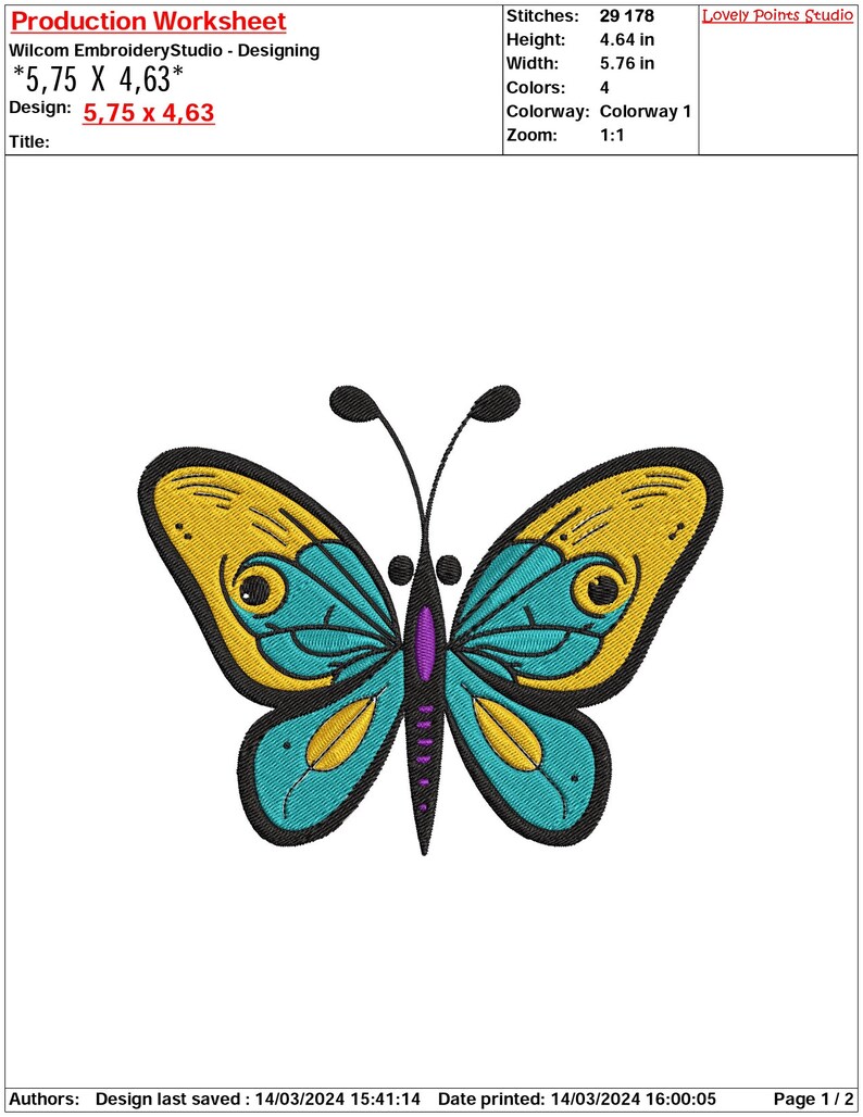 May include: A colorful butterfly embroidery design with yellow, teal, and purple accents. The design is 5.75 inches wide and 4.63 inches tall.