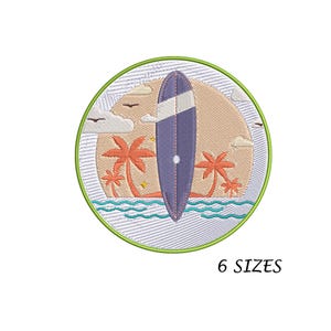 Surfboard Summer Embroidery Design: Beach Scene (Digital File, 6 Sizes)