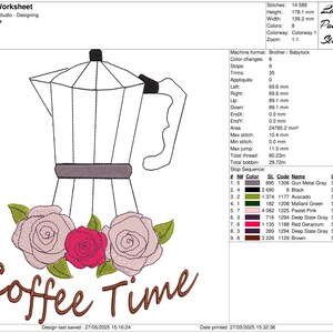 May include: An embroidery design featuring a coffee pot with a floral arrangement and the words "Coffee Time". The design is approximately 5.4 x 7 inches.