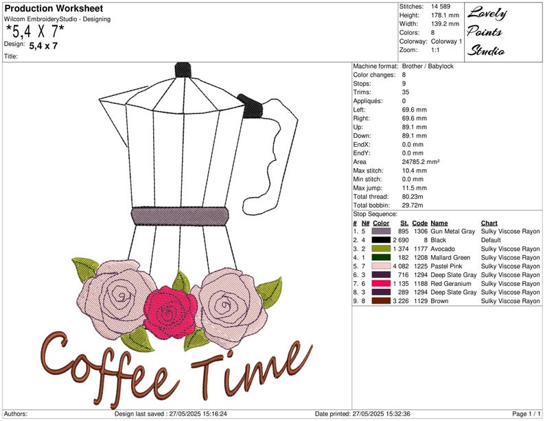 May include: An embroidery design featuring a coffee pot with a floral arrangement and the words "Coffee Time". The design is approximately 5.4 x 7 inches.