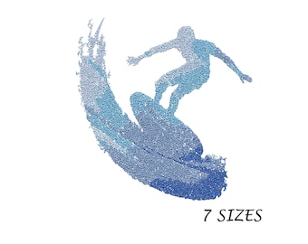 Surfer Waves Embroidery Design for  Machine ,7 Sizes and Multi Formats, Instant Download, Digital File, Stippling Effect Embroidery Design