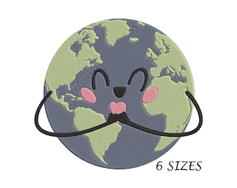 May include: Embroidered design of a smiling cartoon Earth with green continents and a blue background. The Earth is holding its hands together in a heart shape. The text "6 SIZES" is below the Earth.