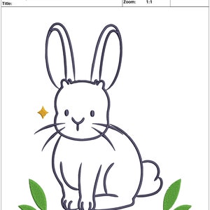 Pu&ograve; includere: Un disegno in bianco e nero di un coniglio seduto con una scintilla sopra la testa. Il coniglio &egrave; circondato da due foglie verdi. Il design &egrave; intitolato "lapin 7 x 7.87" e misura 17,78 cm per 20 cm.