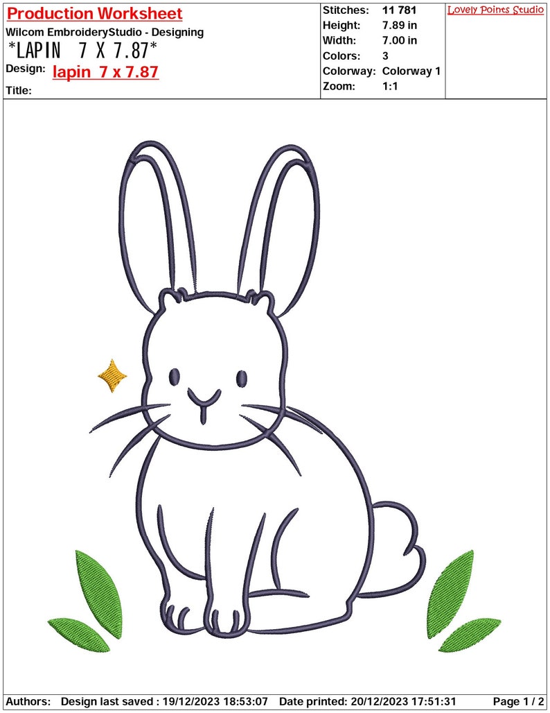 Pu&ograve; includere: Un disegno in bianco e nero di un coniglio seduto con una scintilla sopra la testa. Il coniglio &egrave; circondato da due foglie verdi. Il design &egrave; intitolato "lapin 7 x 7.87" e misura 17,78 cm per 20 cm.