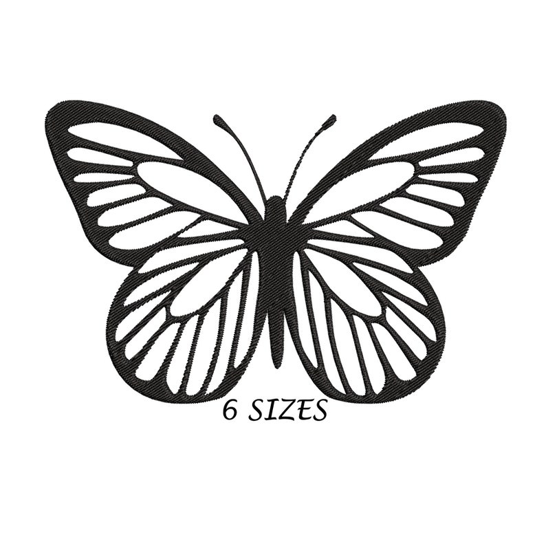 May include: Black and white outline of a butterfly with detailed wings. 6 SIZES.