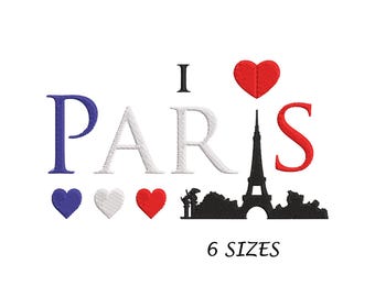 Puede incluir: Diseño bordado con las palabras "I love Paris" con un corazón rojo, la Torre Eiffel y un paisaje urbano. El diseño está disponible en seis tamaños.
