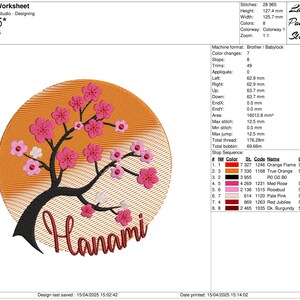 May include: An embroidery design featuring a stylized cherry blossom tree with pink flowers and a sunset background. The design is titled "Hanami" and is approximately 4.95 inches by 5 inches.
