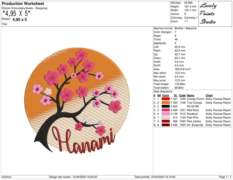 May include: An embroidery design featuring a stylized cherry blossom tree with pink flowers and a sunset background. The design is titled "Hanami" and is approximately 4.95 inches by 5 inches.