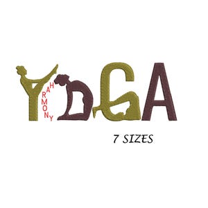 Diseño de bordado de letras y posiciones de yoga, diseño de bordado de armonía de yoga, diseño de bordado a máquina, 7 tamaños, archivo digital en varios formatos,