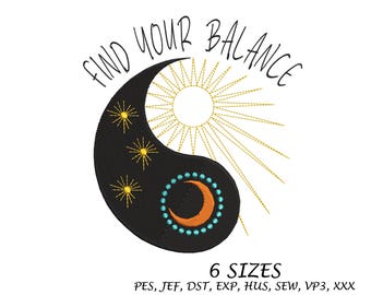 Diseño de bordado Yin Yang Sol y Luna: Encuentra tu equilibrio (archivo digital, 6 tamaños)