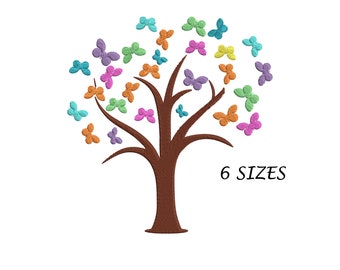 Diseño de bordado a máquina de árboles y mariposas: Múltiples formatos, 6 tamaños (archivo digital)