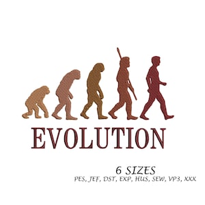 Op de afbeelding: Een borduurontwerp dat de evolutie van de mens toont, van aapachtige figuren tot een moderne mens. Het woord "EVOLUTION" is in bordeauxrood. Het ontwerp is verkrijgbaar in 6 maten.