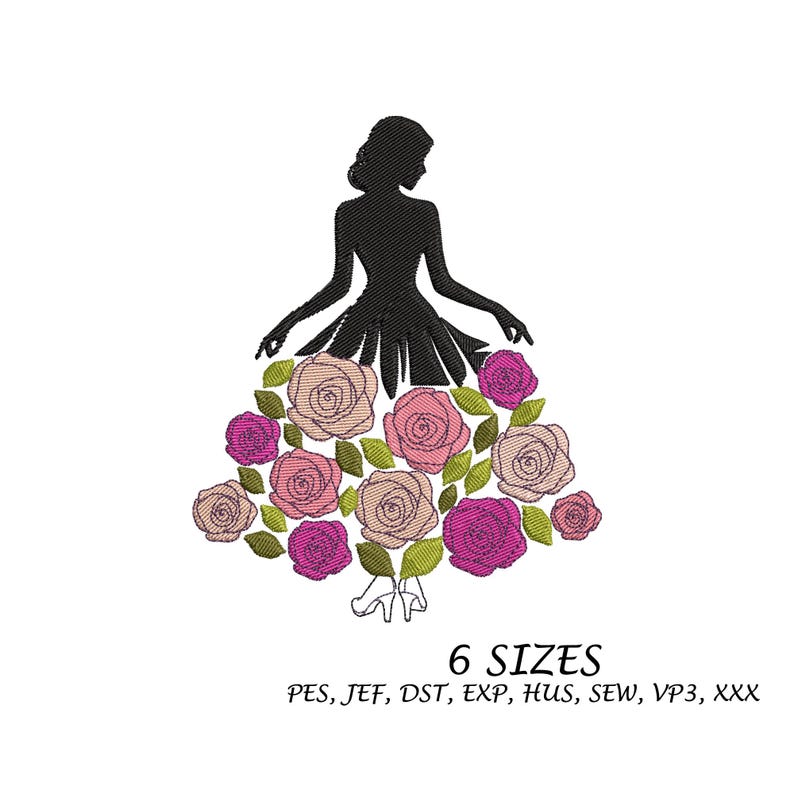 May include: Black silhouette of a woman with a dress made of embroidered roses in shades of pink, beige, and green. The image includes the text "6 SIZES" and file type abbreviations.