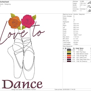 May include: An embroidery design featuring ballet pointe shoes with the words "Love to Dance." The design includes orange and pink roses. The design dimensions are 4.7 x 7 inches.