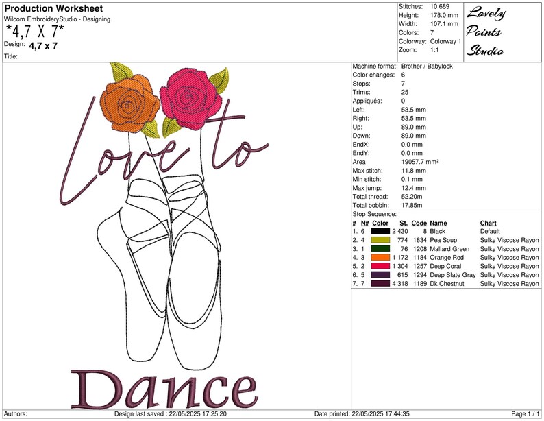 May include: An embroidery design featuring ballet pointe shoes with the words "Love to Dance." The design includes orange and pink roses. The design dimensions are 4.7 x 7 inches.