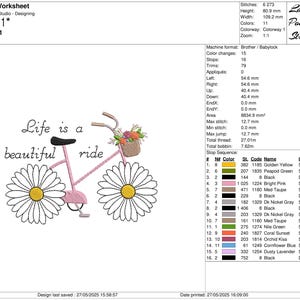 Op de afbeelding: Een borduurontwerp met een roze fiets met madeliefjeswielen en een bloemenmand. De tekst "Life is a beautiful ride" staat boven de fiets. Het ontwerp is 10,9 x 7,9 cm groot.