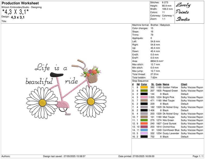 Op de afbeelding: Een borduurontwerp met een roze fiets met madeliefjeswielen en een bloemenmand. De tekst "Life is a beautiful ride" staat boven de fiets. Het ontwerp is 10,9 x 7,9 cm groot.