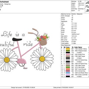 Op de afbeelding: Een borduurontwerp van een roze fiets met madeliefjeswielen en een bloemenmand. De tekst "Life is a beautiful ride" staat boven de fiets. Het ontwerp is 14,2 cm x 10,4 cm groot.