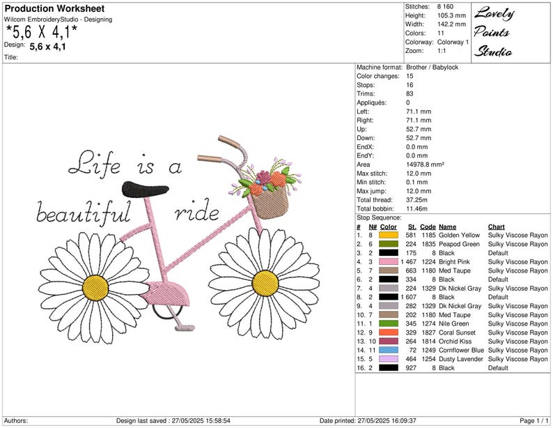 Op de afbeelding: Een borduurontwerp van een roze fiets met madeliefjeswielen en een bloemenmand. De tekst "Life is a beautiful ride" staat boven de fiets. Het ontwerp is 14,2 cm x 10,4 cm groot.