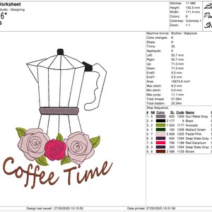 May include: An embroidery design featuring a moka pot illustration with a floral arrangement of roses in pink and red. The words "Coffee Time" are written in brown script below the flowers. The design measures 4.3 x 5.6 inches.