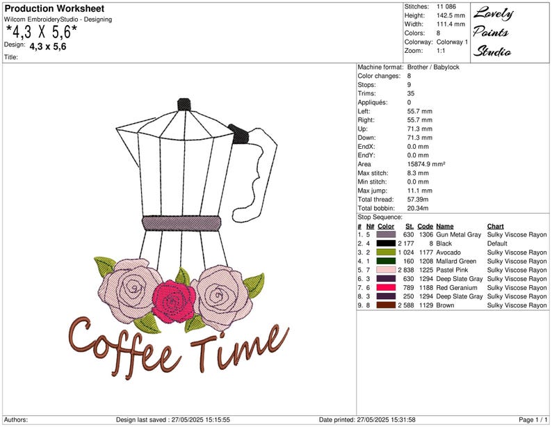 May include: An embroidery design featuring a moka pot illustration with a floral arrangement of roses in pink and red. The words "Coffee Time" are written in brown script below the flowers. The design measures 4.3 x 5.6 inches.