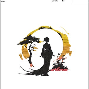 May include: Embroidered design of a woman in a traditional Japanese kimono standing in front of a stylized sunset with a tree and bamboo. The design is 5 inches wide by 28 inches tall and 4.8 inches deep.