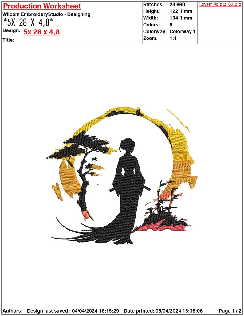 May include: Embroidered design of a woman in a traditional Japanese kimono standing in front of a stylized sunset with a tree and bamboo. The design is 5 inches wide by 28 inches tall and 4.8 inches deep.