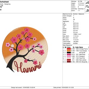 May include: A circular embroidery design featuring a stylized cherry blossom tree with pink flowers and a sunset background. The text "Hanami" is embroidered below the tree.