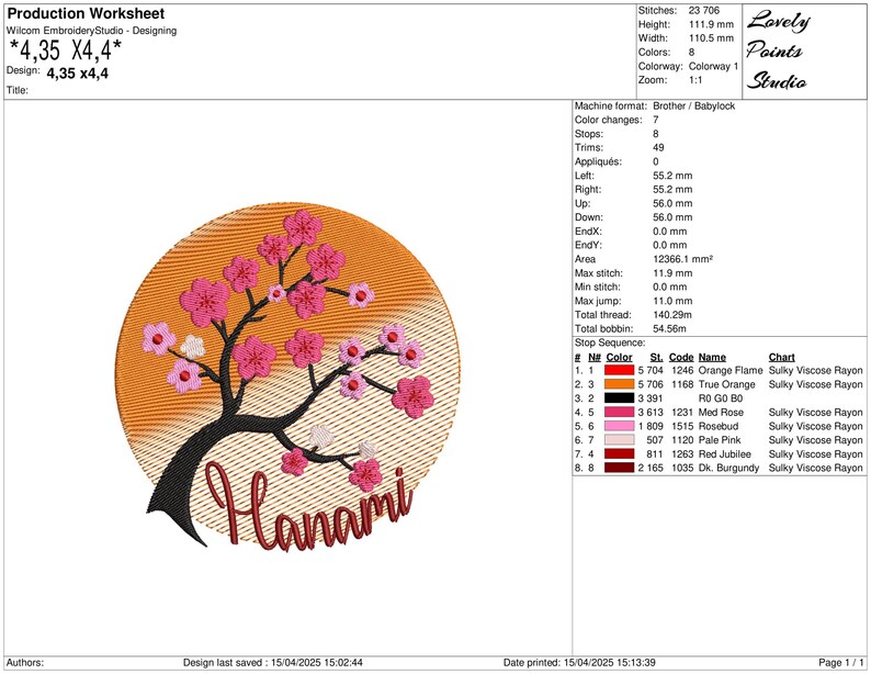 May include: A circular embroidery design featuring a stylized cherry blossom tree with pink flowers and a sunset background. The text "Hanami" is embroidered below the tree.