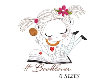 Girl Reading Embroidery Design: Booklover Machine Embroidery (Digital File, 6 Sizes)