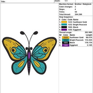 May include: A colorful butterfly embroidery design with yellow, blue, and purple accents. The design is 5 inches by 4.02 inches and includes 24,353 stitches.