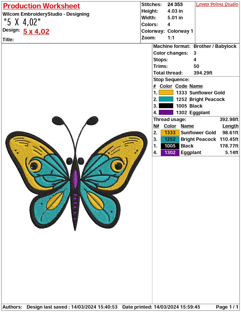 May include: A colorful butterfly embroidery design with yellow, blue, and purple accents. The design is 5 inches by 4.02 inches and includes 24,353 stitches.