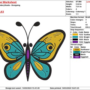 May include: A colorful butterfly embroidery design with a yellow, teal, black, and purple color scheme. The design is titled "7x5,63" and is 7 inches wide by 5.63 inches high. The design uses 4 colors and requires 37,384 stitches.
