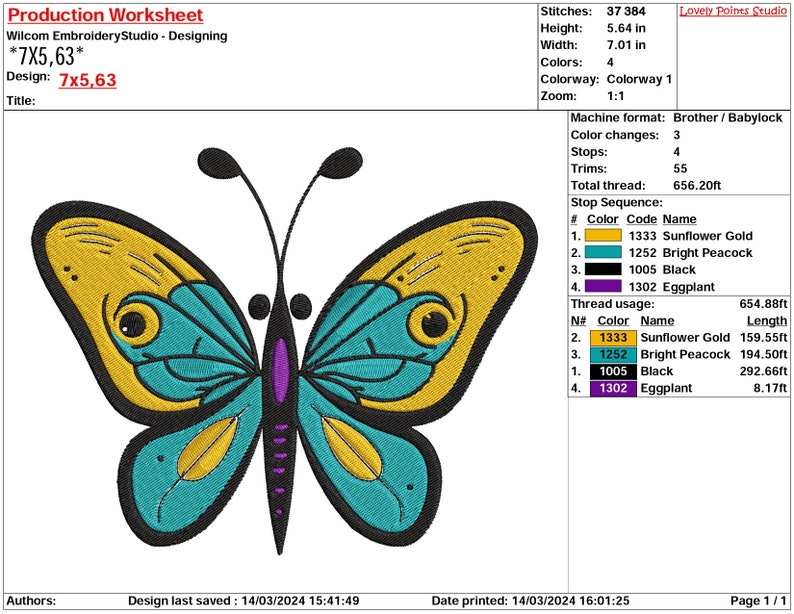 May include: A colorful butterfly embroidery design with a yellow, teal, black, and purple color scheme. The design is titled "7x5,63" and is 7 inches wide by 5.63 inches high. The design uses 4 colors and requires 37,384 stitches.